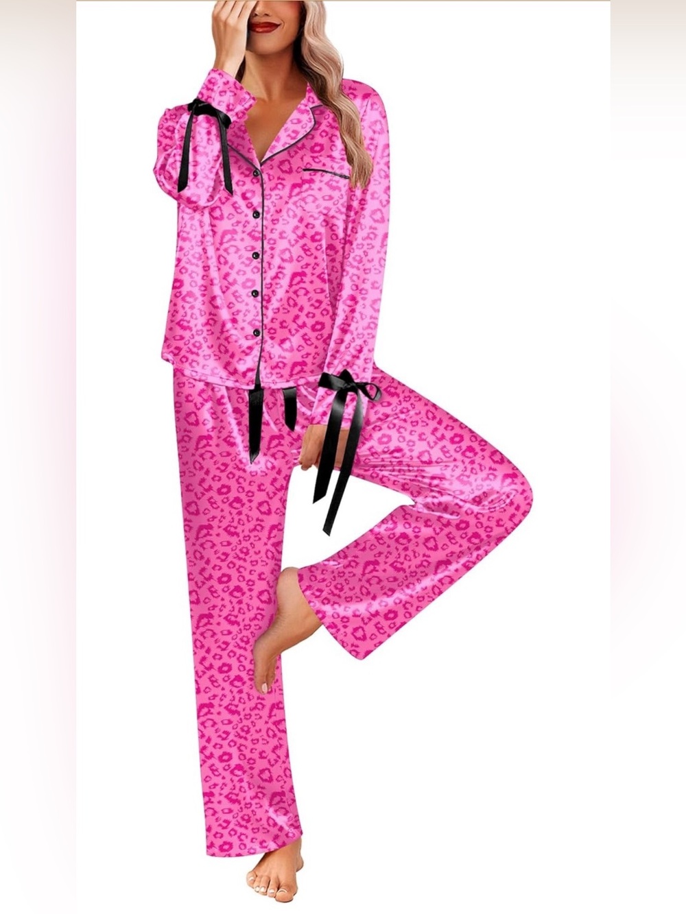 Pink Leopard Satin Pajama Pants & Button-up Top Set Black Ribbon Trim Women’s M